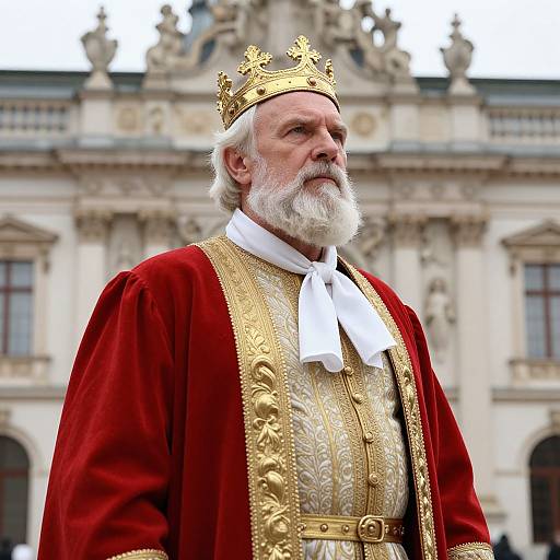 Photograph of an elderly white man with a white beard, wearing a gold crown, red velvet robe with gold embroidery, and white necktie, in