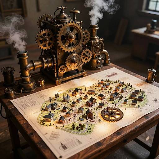 Photograph of a steampunk-style table with a glowing, detailed city map, surrounded by brass gears, pipes, and steam rising.