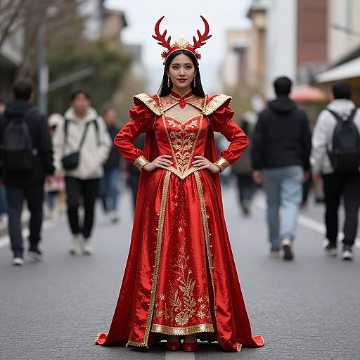 Photograph of an Asian woman in a vivid red, ornate medieval-style gown with gold embroidery, deer antler headpiece, standing confidently on a