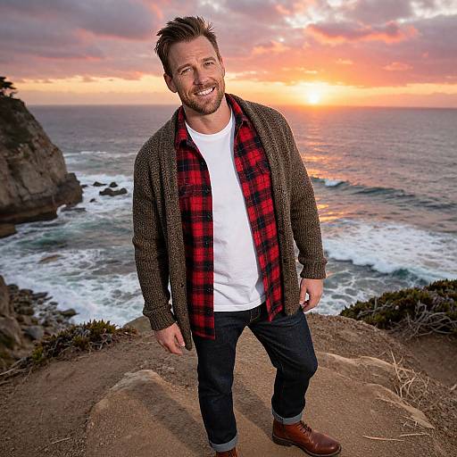 Smiling bearded man in red plaid shirt, brown cardigan, white tee, jeans, brown boots, standing on cliff overlooking sunset ocean.