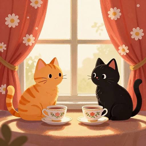 Digital illustration of two cute cats, one orange, one black, sitting on a sunlit windowsill with floral teacups, red curtains with white