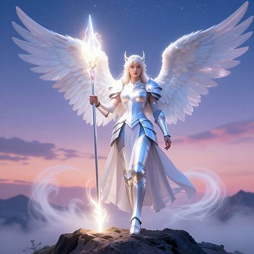Digital artwork of a radiant, white-winged angelic warrior in silver armor holding a glowing spear, standing on a mountain peak at dusk.