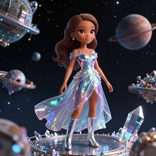 CGI image of a stylized, brown-skinned doll with long brown hair, wearing a glittery silver dress and boots, standing on a crystal