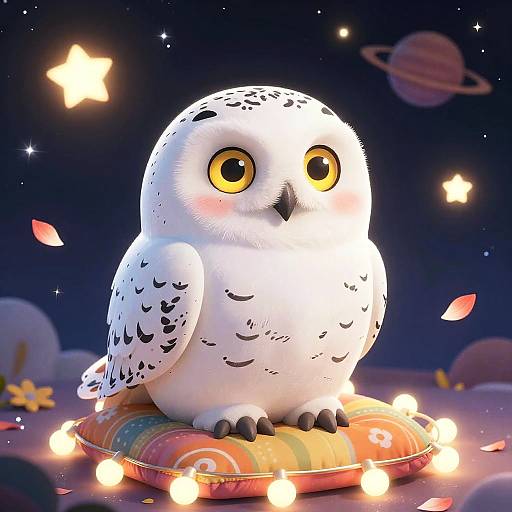 Cute CGI owl with large yellow eyes, white feathers with black spots, sits on a colorful pillow with string lights, in a starry night sky