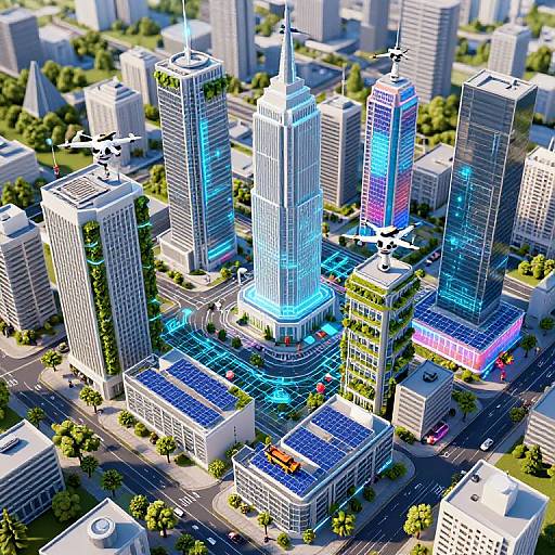 CGI aerial view of a futuristic cityscape with glowing skyscrapers, blue-lit central tower, grid-like streets, green trees, and flying