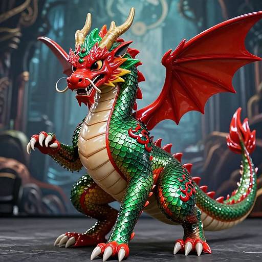 Vibrant CGI dragon with green scales, red wings, and yellow horns, standing in a dark, mystical forest setting. Detailed textures and colors.