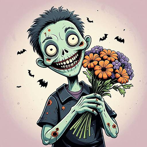 Cute Smiling Zombie Holding Flower Bouquet