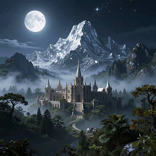 Digital fantasy artwork of a moonlit, snow-capped mountain range with a glowing, detailed castle nestled in misty, forested valleys.