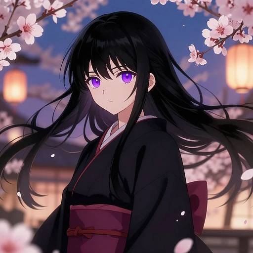 Anime-style digital drawing of a black-haired girl with purple eyes, wearing a black kimono, surrounded by cherry blossoms at night.