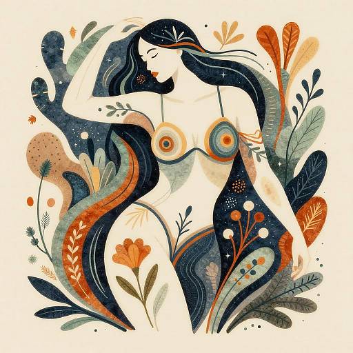 Digital illustration of a nude woman with long black hair, surrounded by vibrant orange, blue, and green floral patterns, closed eyes, and circular breast designs