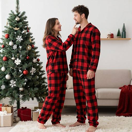 Photograph of a smiling couple in red-black plaid pajamas, standing by a decorated Christmas tree with gifts, in a living room.