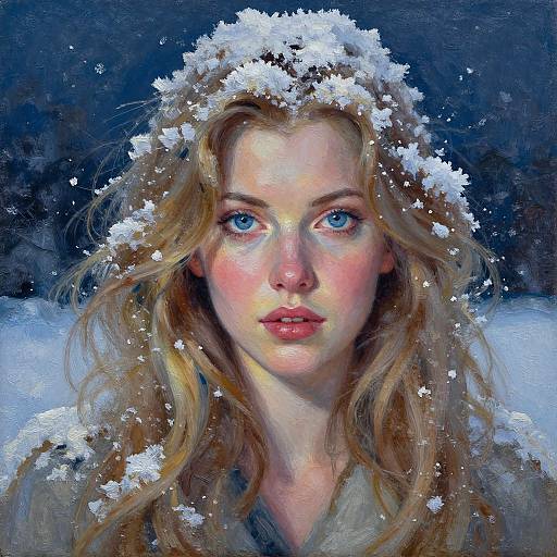 Digital painting of a fair-skinned, blue-eyed woman with wavy blonde hair, snow-covered head, and pink lips, set against a dark,