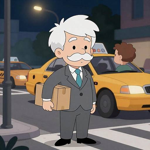 Cartoon Man with White Hair Holding Box on Crosswalk