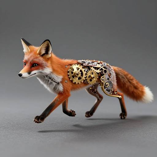 Digital artwork of a red fox with mechanical gears integrated into its body, walking on a gray background. Steampunk style.