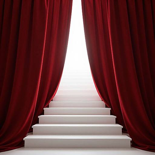 Photograph of a white, minimalist staircase centered between rich, red velvet curtains with a bright white light shining through at the top.