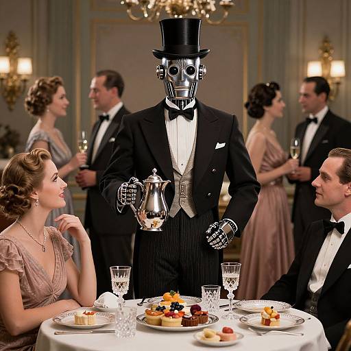 Photograph of a formal dinner party with a humanoid robot in a tuxedo and top hat serving dessert, surrounded by elegantly dressed guests in a