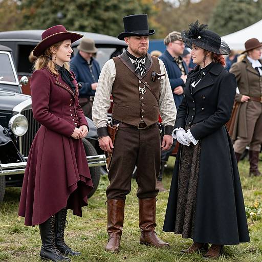 Photograph of three Victorian-era dressed individuals in a grassy field, with vintage cars and people in the background. The man in a top hat and
