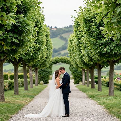 Photograph of a bride in a white gown and groom in a black suit kissing on a gravel path lined with lush green trees, with rolling hills in