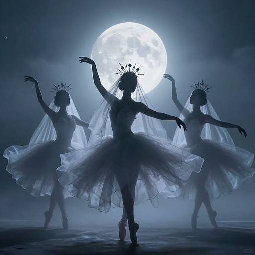 Silhouetted ballerinas in crowns and veils dance against a bright full moon, creating a mystical, ethereal blue-lit scene