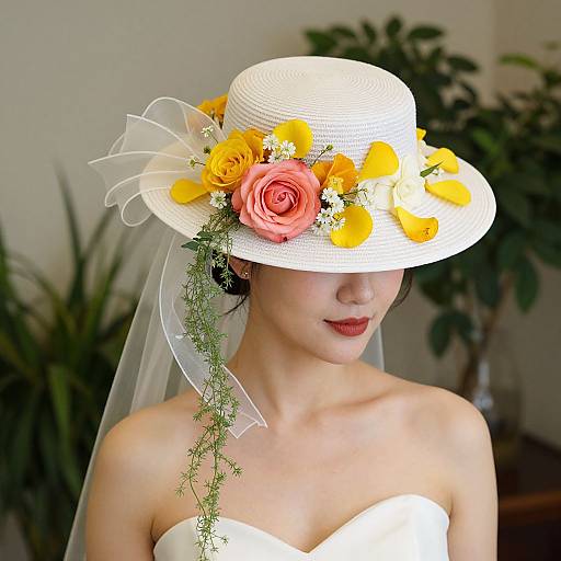 Photograph of an Asian bride with fair skin, red lips, wearing a white strapless dress and a white hat adorned with yellow and pink flowers,
