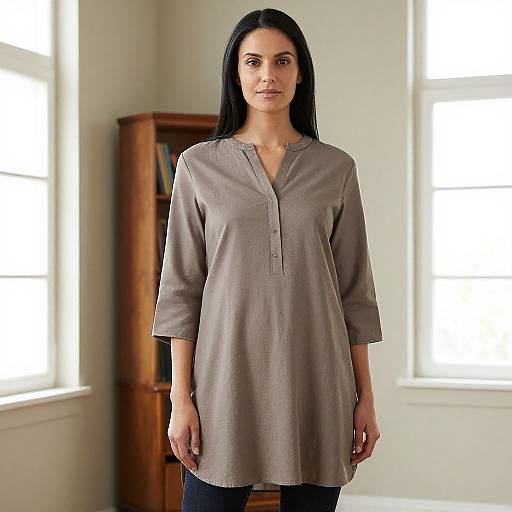 Photograph of a straight-haired woman with medium skin tone, wearing a loose, gray, long-sleeve button-up shirt, standing in a bright