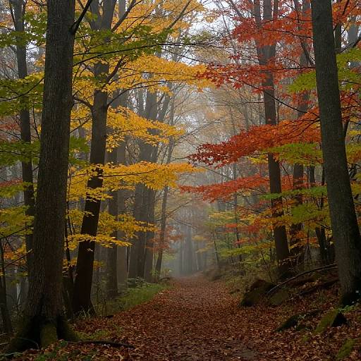 Photograph of a misty forest path lined with tall trees, displaying vibrant autumn leaves in yellow, red, and orange hues, with a carpet of