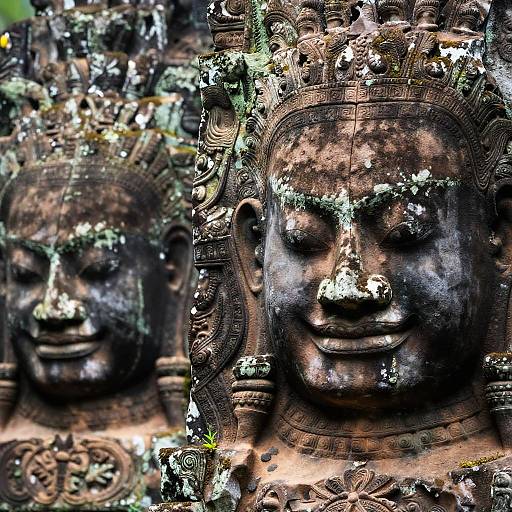 Ancient Weathered Stone Faces Close-Up