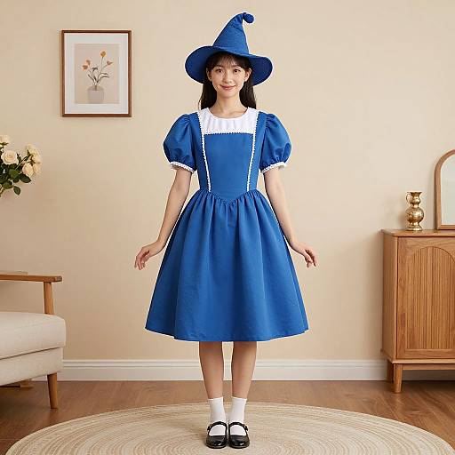 Photograph of an Asian woman in a blue Alice in Wonderland-style dress and matching hat, standing in a cozy, cream-colored room.