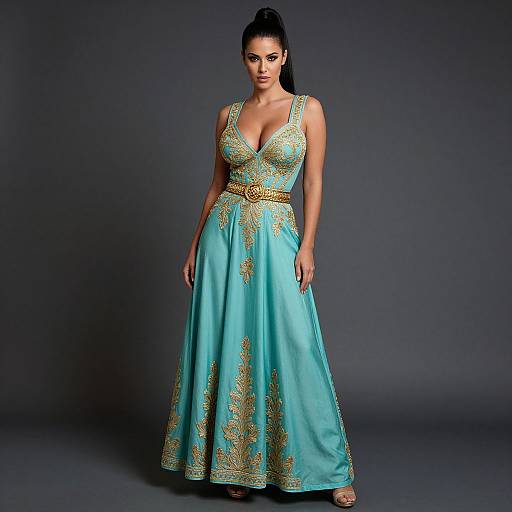 Photograph of a dark-haired woman in a turquoise, gold-embroidered, V-neck, floor-length gown, standing against a dark gray background