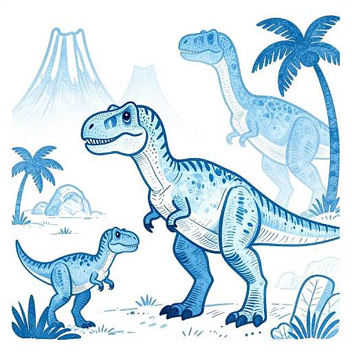 Digital drawing of blue-toned dinosaurs: large T-Rex, smaller T-Rex, and baby T-Rex in prehistoric jungle with palm trees