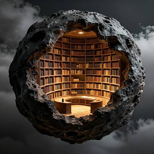 Photorealistic CGI of a rocky sphere opening reveals a warmly lit, circular library with shelves of books and a central desk. Dark cloudy background.