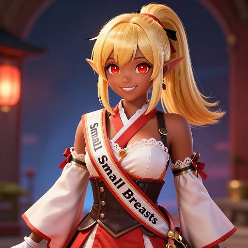 CGI anime-style elf girl with blonde hair, red eyes, and pointy ears, wearing a 