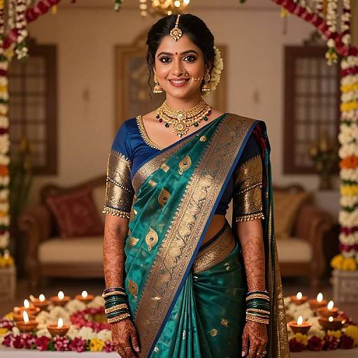 Photograph of a smiling Indian bride in a teal and gold sari with intricate embroidery, traditional jewelry, and henna, standing in a brightly lit
