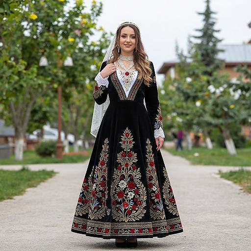 Photograph of a smiling woman in a black, floral embroidered long dress and white lace shawl, standing on a park path.