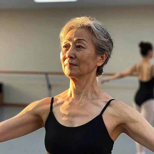Photograph of an elderly woman with short gray hair, wearing a black tank top, practicing ballet in a sunlit dance studio, with a blurred background