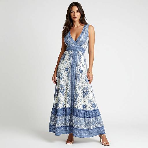 Photograph of a curvy woman with long dark hair, wearing a blue and white floral maxi dress with a deep V-neck, standing against a white