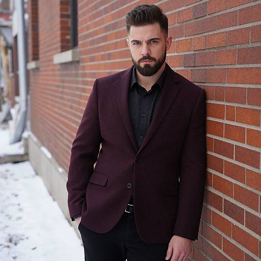 Photograph of a bearded man with dark hair, wearing a black shirt and dark brown blazer, leaning against a red brick wall in a snowy