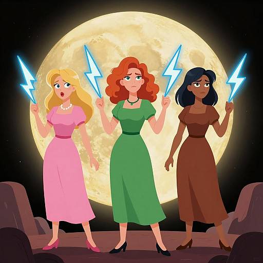 Three Women with Lightning Bolts Under Moon