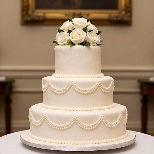 Photograph of a three-tiered white wedding cake adorned with pearl borders, pearl garlands, and a white rose bouquet on top.