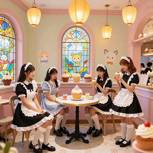 Four anime-style maid girls in black and white uniforms, seated around a table with cupcakes in a brightly lit, colorful, stained-glass window café.