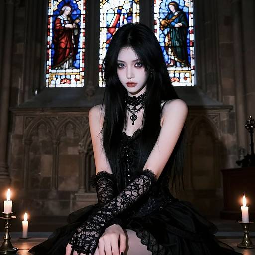 Gothic-style photograph of a pale, black-haired woman in a lace, black dress, sitting in a dimly lit church with stained glass windows
