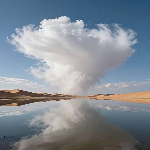 Photograph of a desert landscape with a large, white, fluffy cloud mirrored perfectly in a still, reflective body of water.