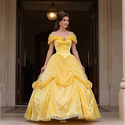 Photograph of a woman in a yellow, off-shoulder, ball gown with a full skirt, standing in front of a dark doorway, wearing