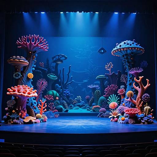 Photograph of a vibrant underwater stage set with colorful coral, sea anemones, and fish illuminated by blue spotlighting.