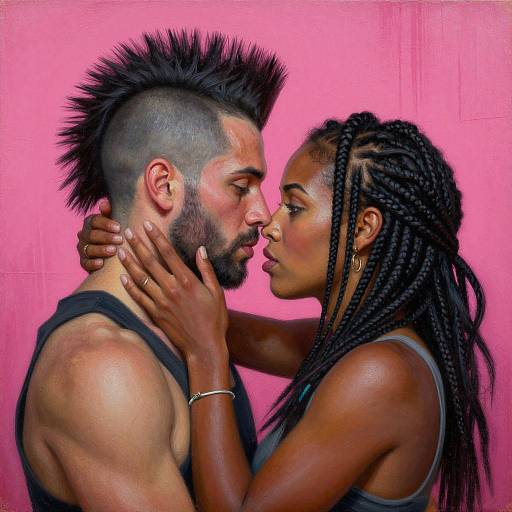 Photograph of a muscular, bearded man with a mohawk and a dark-skinned woman with long braids, kissing against a bright pink background