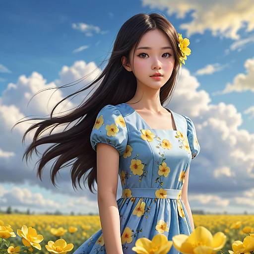 Young Woman in Blue Floral Dress in Flower Field
