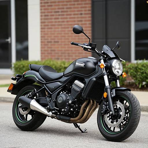Photograph of a sleek, black Kawasaki Ninja motorcycle with green accents, parked on a paved street in front of a brick building.