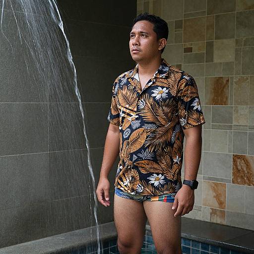 Photograph of a young man with short black hair, medium build, wearing a floral Hawaiian shirt and boxer briefs, standing under a shower in a