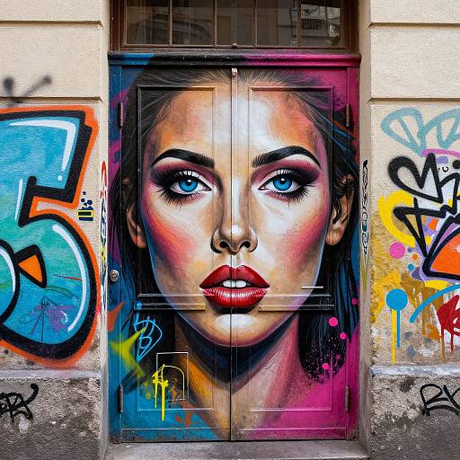 Vibrant graffiti on a door featuring a realistic, hyper-styled portrait of a woman with blue eyes, red lips, and dark hair, surrounded