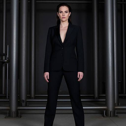 Photograph of a confident woman with dark hair in a black, deep V-neck blazer and pants, standing in a dimly lit industrial setting with